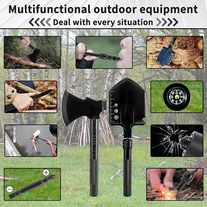 Survival Shovel Survival Axe, Heavy-Duty Carbon Steel Camping Folding Shovel with Multiple Extension Handles(7.3-21.9In), Suitable for Survival Tools in Camping, Off-Road, Excavation, and Hiking