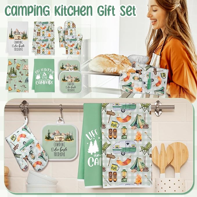 Hahafelt 8 Pcs Camping Kitchen Gift Dish Towel Pot Holder Oven Mitt Set 4 Bonfire Tent Car Tea Towels with Funny Sayings Novelty 2 Oven Mitts 2 Pot Holders Camping Accessories Decor for Rv Campers