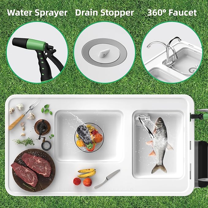 Allpop Fish Cleaning Table with 2 Sinks, 42.5'' Portable Folding Camping Fish Station with Extanded Stand, Grid Rack, Faucet, Drainage Hose, Sprayer, Storage Box, Drawer & Grooves for Picnic, White