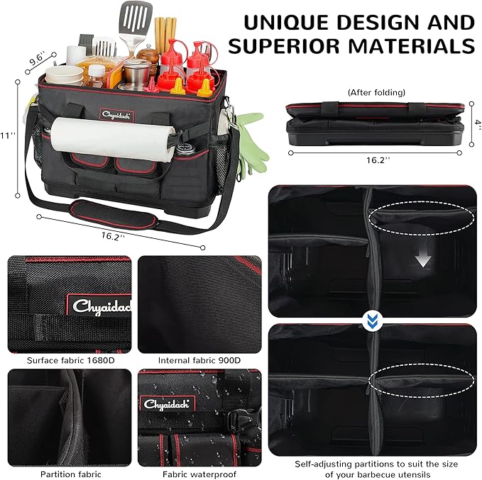 Chyaidach Large Grill Caddy with Hard Bottom, Portable Foldable Griddle Organizer for Blackstone Accessories, Tailgate Essentials, Perfect for Outdoor Grilling, RV, Camping & Grill Gifts for Men