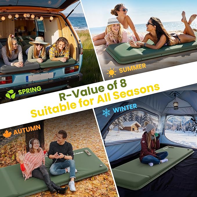 Self Inflating Sleeping Pad with Electric Pump, Memory Foam Camping Pad with Built-in Pillow, 4 Season Camping Mattress Pad, Camping Essentials Gear for Tent, Car, Hiking - Green