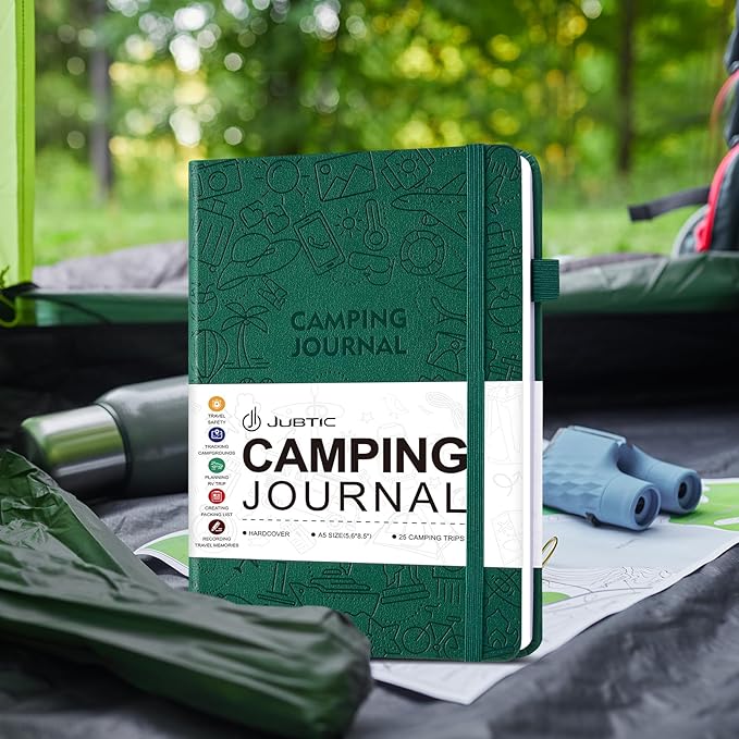 JUBTIC Camping Journal and RV Travel Log Book, A5 Adventure Journal for 25 Camping, Hiking Journal, Family Travel Books Camper Essentials Camping Gifts for Women-Dark Green