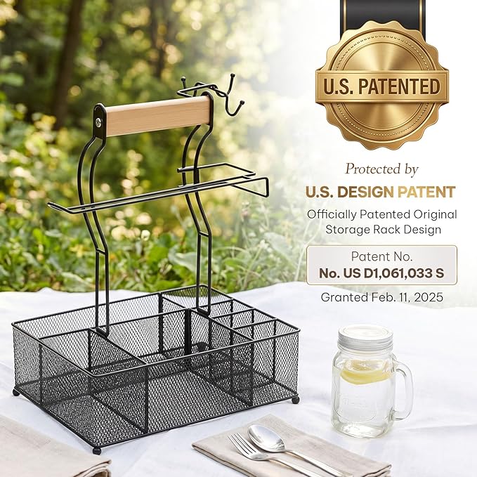 FANGSUN Grill Caddy, BBQ Caddy with Paper Towel Holder, Picnic Condiment Utensil Caddy for Outdoor Camping, Barbecue Accessories Storage Organizer for Griddle Grilling Tools, RV Patio Camper Must-Have