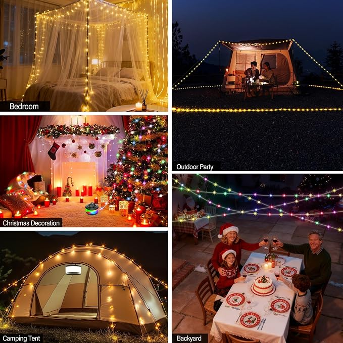 2 Pieces Camping String Lights, 3 in 1 Quick Storage 32.8FT Rechargeable Fairy String Lights with 6 Lighting Modes, Portable LED Lamp for Christmas Decor Patio Party Camping Essentials