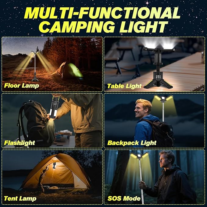 SakerPlus Portable Camping Lights with Stand, 5000LM Rechargeable LED Flashlight, 9 Color Modes, Collapsible Camping Lantern Tent Light with Magnetic Base for Power Outages, Camping & Emergency(Black)