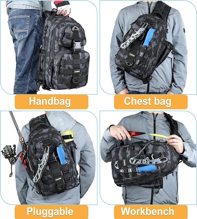 PLUSINNO Fishing Backpack, Fishing Bag, Waterproof Fishing Sling Tackle Bag For Fishing Gear With Rod Holder, Fishing Gifts for Men