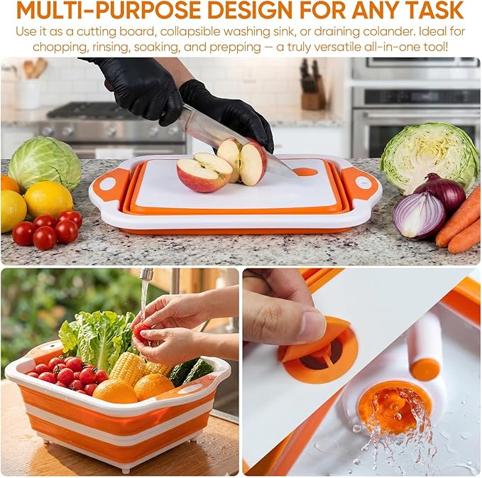 Collapsible BBQ Prep Tub with Lid, Foldable Camping Sink with Colander, Cutting Board, Dish Basin for Kitchen, Bowl, Vegetable and Fruit, Storage Basket for Picnic-Orange