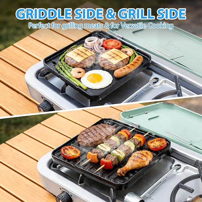 Ceramic Nonstick Reversible Griddle for Coleman Cascade & Triton, 8.5" x 8.5" Square Flat & Ribbed Camping Griddle (1 Pack) | Built-In Storage Fit, No-Wobble Stable Design, For 2-Burner Camp Stoves