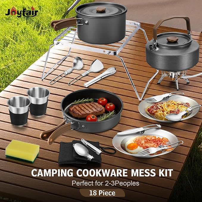 18Pcs Camping Cookware Mess Kit, Joyfair 7.8” Nonstick Camp Cooking Utensil Set (Pot, Pan, Kettle, Grill Grate), Outdoor Backpacking Gear Open Fire Essentials Accessories, Compact/Portable/Lightweight