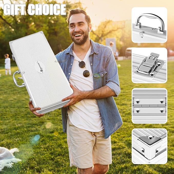 ROMANTICIST 26pcs Grilling Gifts for Men, Dad Gifts for Father's Day, Stainless Steel BBQ Grill Accessories Tools Set, Heavy Duty BBQ Utensils Kit with Apron, Thermometer, Mats in Aluminum Case Silver