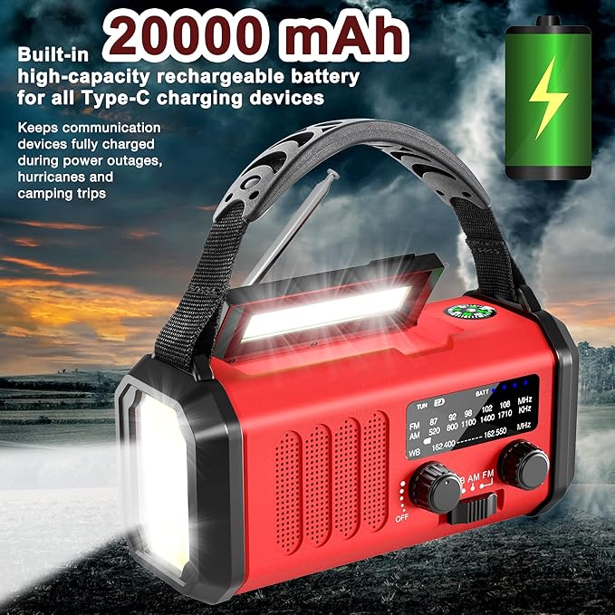 Leaton Emergency Radio NOAA Weather Radio Hand Crank & Solar Charging 20000mAh/74000mWh Rechargeable Battery Built-in Flashlight Reading Light & SOS AM/FM & Portable for Camping & Emergencies