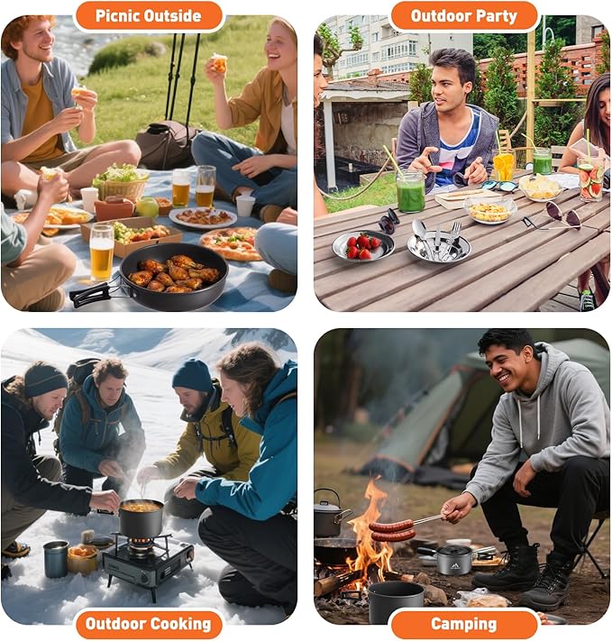 THTYBROS 27pcs Camping Cookware Mess Kit for 2-4 People, Portable Cookware Set with Kettle, Pots & Pans, Stainless Steel Utensils, Plates, Dishware for Backpacking, Picnic, Outdoor Adventures