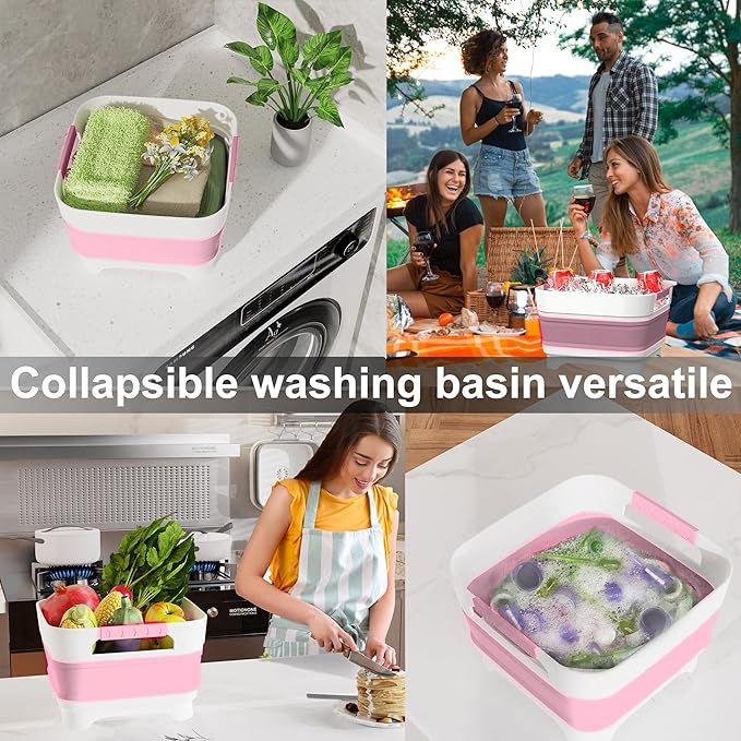 MontNorth 2.4 Gal Collapsbile Wash Basin with Drian Plug,9L Dish Pan for Soaking Baby Bottles,Portable Sink, Multiuse Foldable Bucket,Ice Beverage Tubs for Camping, Vegetable Washing, RV (Pink)