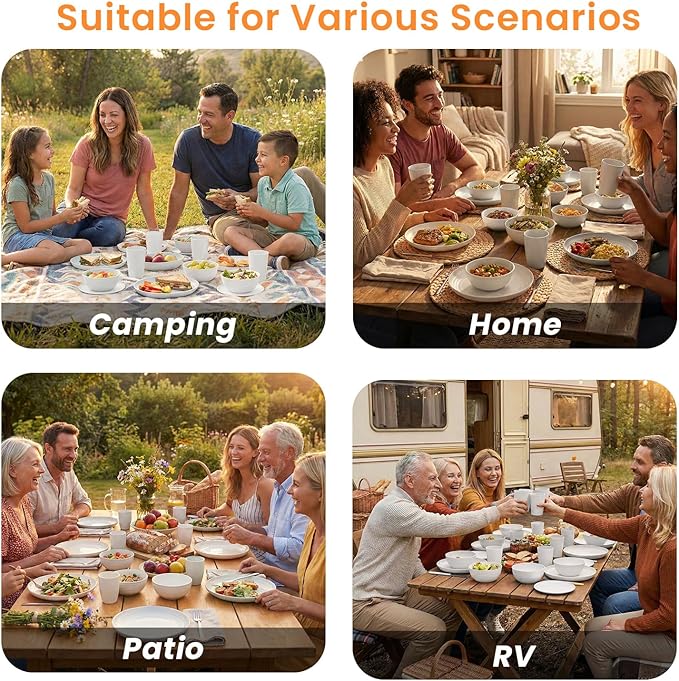 Plates and Bowls Sets for 8, Unbreakable & Lightweight Wheat Straw Dinnerware Sets 32 PCS, Microwave Safe Dishes Set for 8, Dinner Plate, Kitchen Cups and Bowls for Outdoor- White