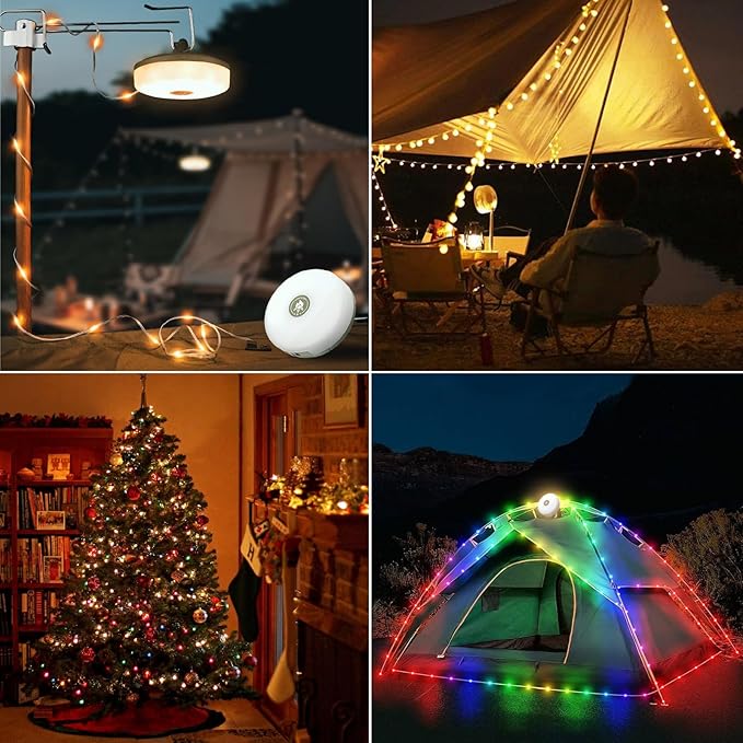 2-Pack Camping String Lights, 4 in 1 Portable Camping Light Rechargeable, 8 Lighting Modes, USB Charging, Quick Storage, 32.8FT Waterproof Tent Lights String for Camping, Hiking, Yard, Christmas,Black