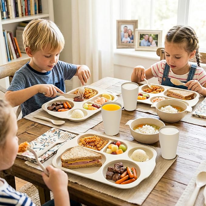 24 PCS Wheat Straw Dinnerware Set for Kids Divided Plates Bowls Cup Cutlery Sets, Reusable Tableware Set Microwave Dishwasher Safe for School Party, Camping, Home