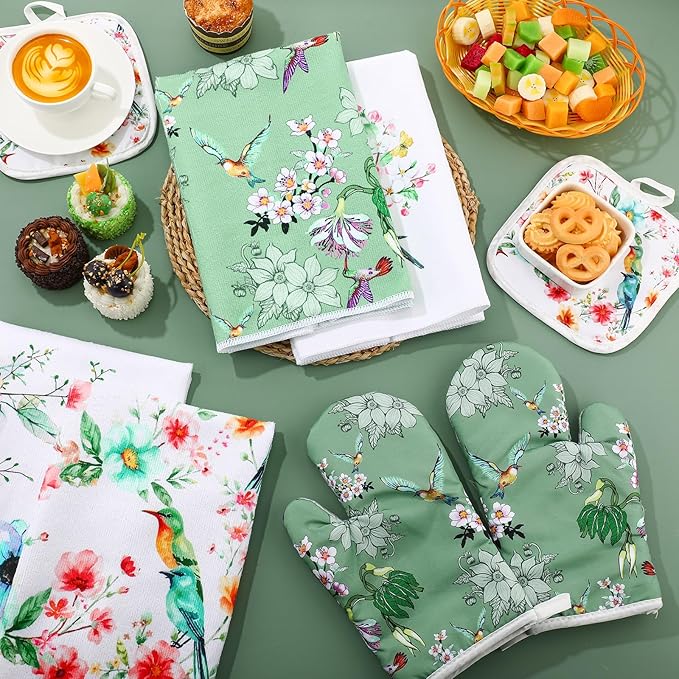 Hahafelt 8 Pcs Birds Kitchen Gift Dish Towel Pot Holder Oven Mitt Set 4 Tent Car Tea Towels with Funny Sayings Novelty 2 Oven Mitts 2 Pot Holders Coffee Accessories Decor for Rv