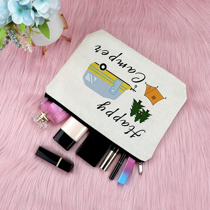 Sazuwu Camper Gifts for Her Makeup Bag Camping Lover Gifts for Women Happy Camper Themed Gifts Cosmetic Bag Funny Camping Gifts for Adults Girls Trip Gifts Vacation Gifts for Friends Travel Pouch
