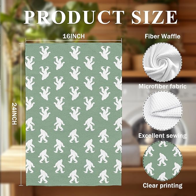 Abstract Retro Sasquatch Kitchen Towels, Sasquatch Gifts Dish Tea Towels for Kitchen Decor, Gifts for Hiking Camping Lovers Hand Towel for Bathroom Decor, 16x24 Inch, (Sage Green and White)