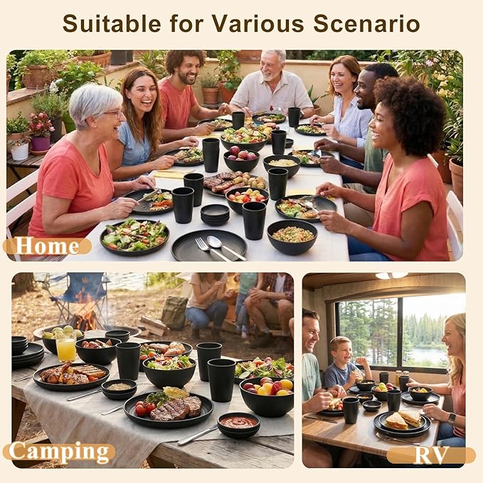 Plates and Bowls Sets for 8, Wheat Straw Dinnerware Sets 40 Piece, Unbreakable & Lightweight Dishes Set for 8, Microwave Safe Kitchen Dishes, Kitchen Essentials for New Apartment - Black