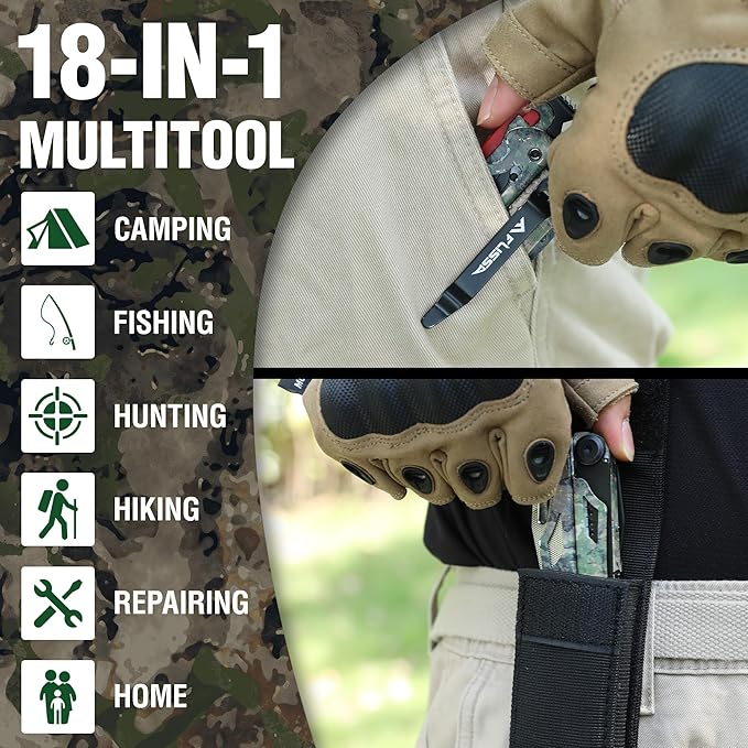 FLISSA Multitool, 18 in 1 Camo Multitool Pliers with Fire Starter, Window Breaker, Whistle, Stainless Steel EDC Gear with Sheath - Perfect for Survival, Simple Repair, Camping
