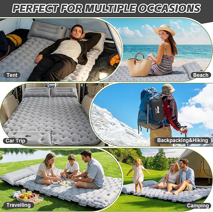 HiiPeak Double Sleeping Pad for Camping - Suede Top Camping Mattress with Pillow, Built-in Foot Pump, Compact Inflatable 2-Person Portable Mat for Backpacking, Hiking, Car Traveling, Beach, Tent