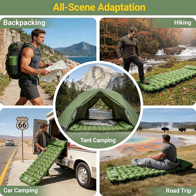 Camping Sleeping Pad, Backpacking Sleeping Pad with Built-in Pillow and Foot Pump, 4in Thick Compact Inflatable Camping Air Mattress for Hiking Tent Road Trip Car Camp Travel Gear