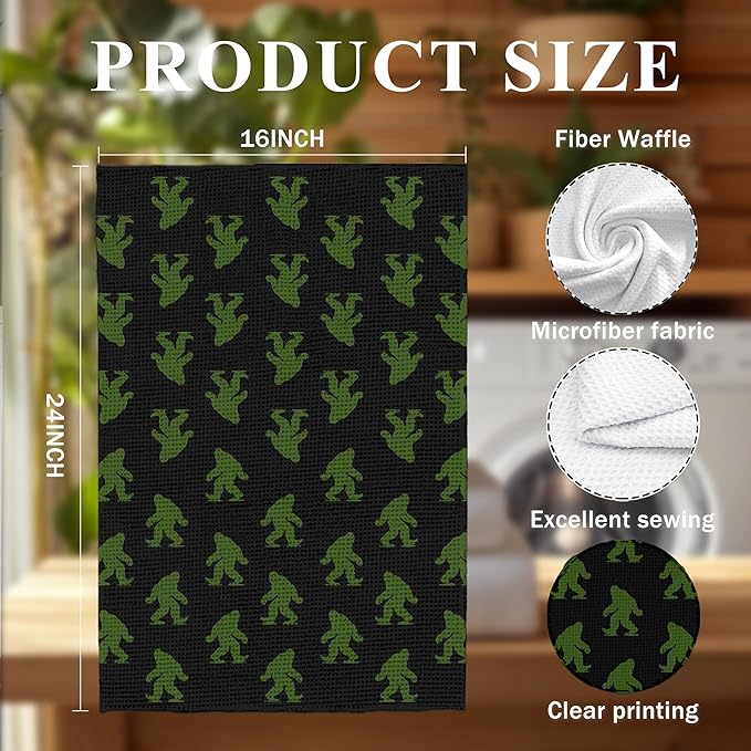 Abstract Retro Sasquatch Kitchen Towels, Sasquatch Gifts Dish Tea Towels for Kitchen Decor, Gifts for Hiking Camping Lovers Hand Towel for Bathroom Decor, 16x24 Inch, (Black and Green)