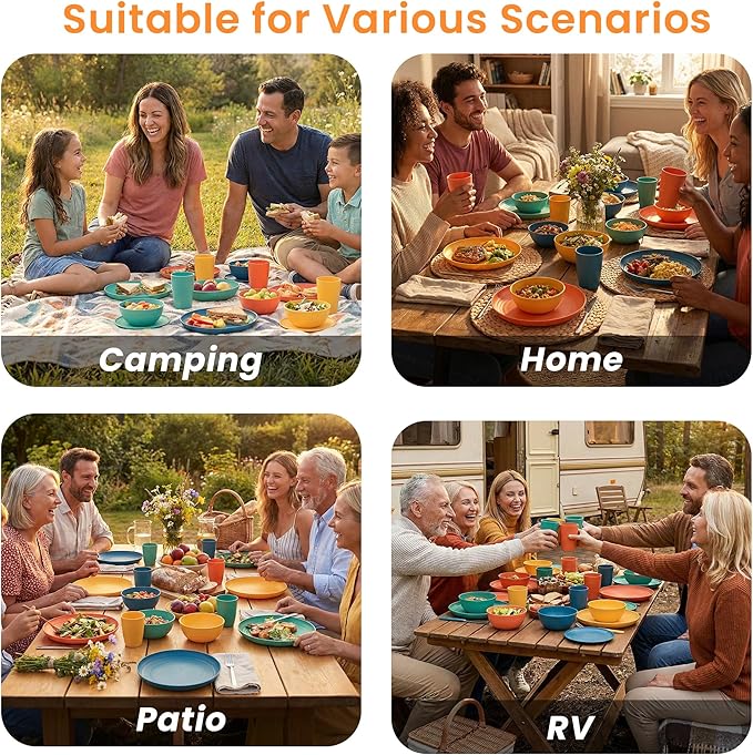Wheat Straw Dinnerware Sets for 8, Unbreakable Plates and Bowls Sets for 8, 32-Piece Dishes Set, Microwave Safe Plastic Plates Reusable, Cups and Bowls Sets for Kitchen, Outdoor - Multi