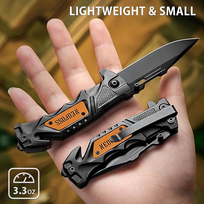NedFoss Pocket Folding Knife DA75 Mini, 3 in 1 Pocket Knife Gifts for Men, 2.95 Inch Survival Knife with Liner-Lock Belt Clip, Seat Belt Cutter, Glass Breaker, Hunting knife for Camping Hiking
