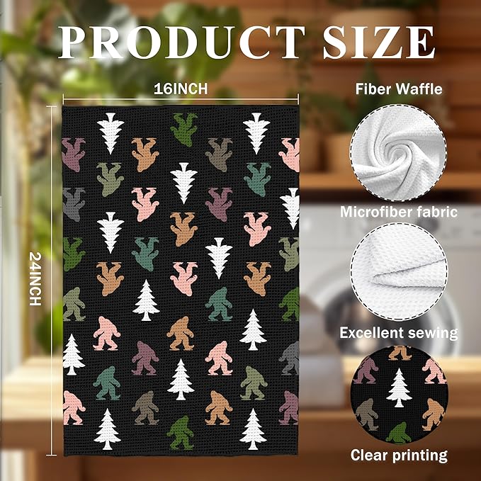 Abstract Retro Sasquatch Pine Tree Kitchen Towels, Sasquatch Gifts Dish Tea Towels for Kitchen Decor, Gifts for Hiking Camping Lovers Hand Towel for Bathroom Decor, 16x24 Inch,C161