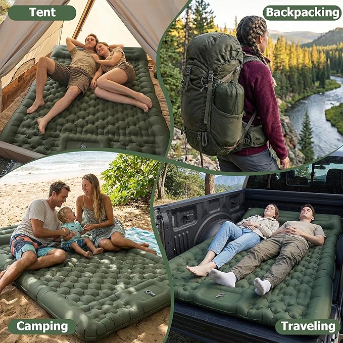 Camping Sleeping Pad, 5.1" Extra-Thick Camping Mattress with Pillow, Built-in Foot Pump Ultralight Inflatable Sleeping Pads for Camping Hiking Backpacking Traveling Tent, Military Green, 2 Person