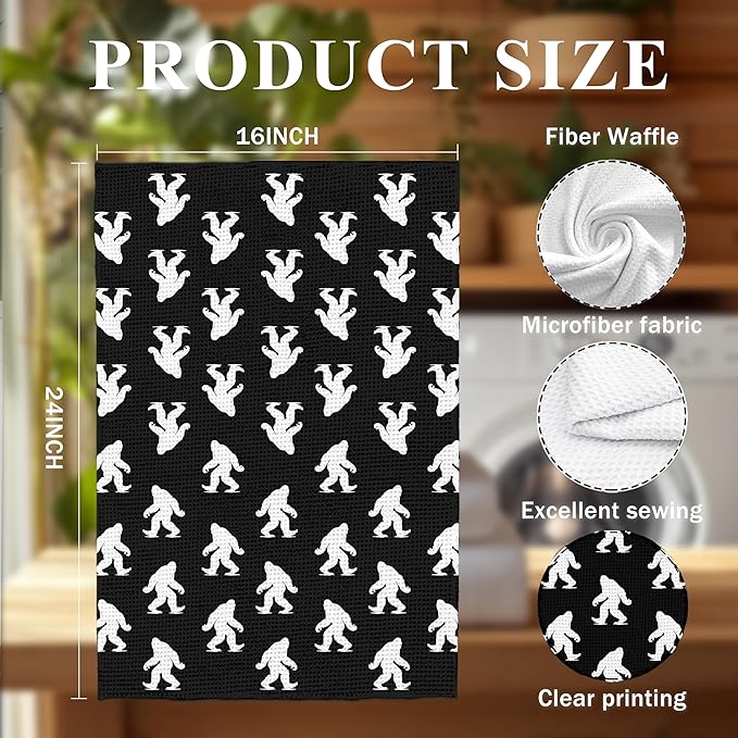 Abstract Retro Sasquatch Kitchen Towels, Sasquatch Gifts Dish Tea Towels for Kitchen Decor, Gifts for Hiking Camping Lovers Hand Towel for Bathroom Decor, 16x24 Inch, (Black)