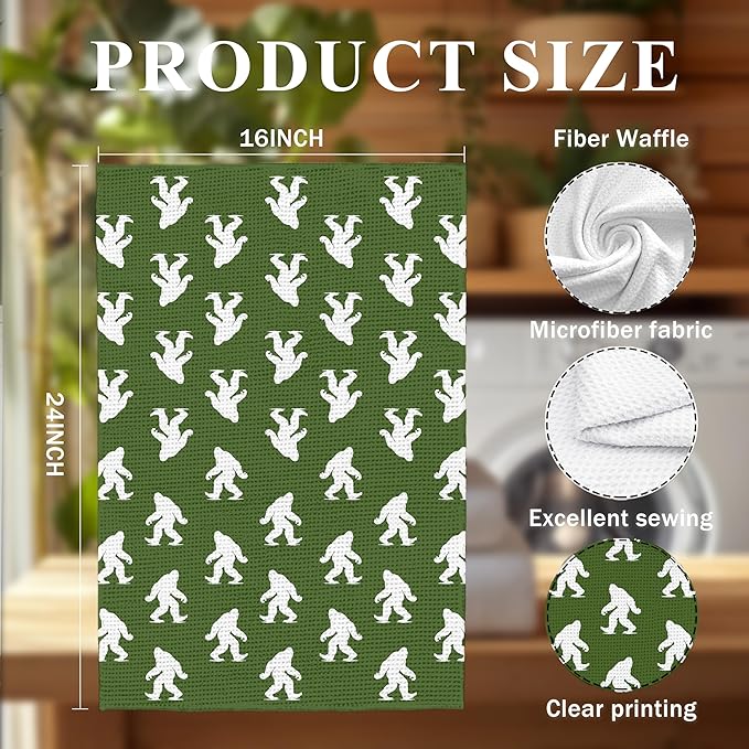 Abstract Retro Sasquatch Kitchen Towels, Sasquatch Gifts Dish Tea Towels for Kitchen Decor, Gifts for Hiking Camping Lovers Hand Towel for Bathroom Decor, 16x24 Inch, (Olive Green and White)