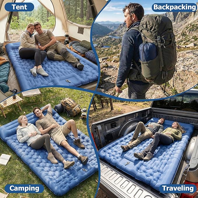 Camping Sleeping Pad, 5.1" Extra-Thick Camping Mattress with Pillow, Built-in Foot Pump Ultralight Inflatable Sleeping Pads for Camping Hiking Backpacking Traveling Tent, Navy Blue, 2 Person