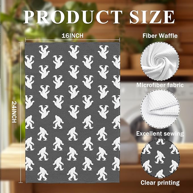 Abstract Retro Sasquatch Kitchen Towels, Sasquatch Gifts Dish Tea Towels for Kitchen Decor, Gifts for Hiking Camping Lovers Hand Towel for Bathroom Decor, 16x24 Inch, (Charcoal Gray and White)