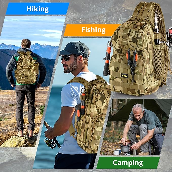 PLUSINNO Fishing Backpack, Fishing Bag, Waterproof Fishing Sling Tackle Bag For Fishing Gear With Rod Holder, Fishing Gifts for Men