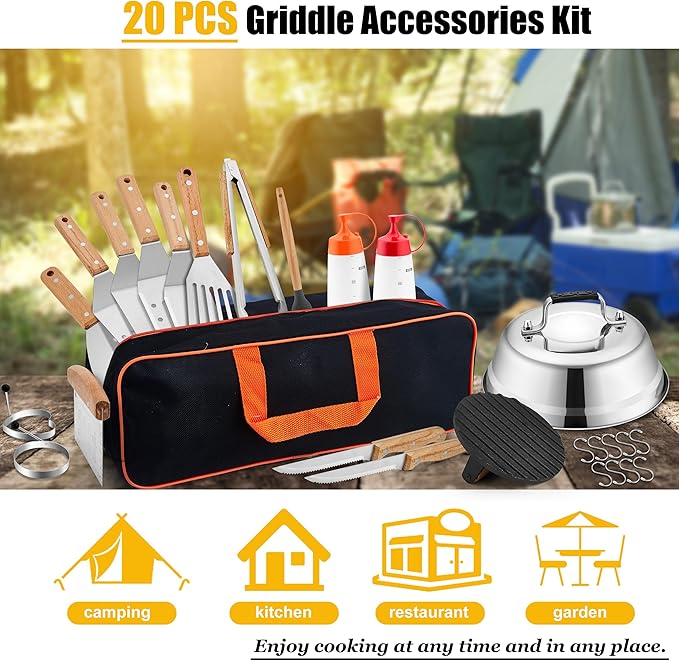 Griddle Accessories Kit, HaSteeL 20 Pcs Flat Top Grill Accessories Set for Camping, Griddle Spatula Tools with 9” Melting Dome, Grill Spatula Set with Choppers for Teppanyaki BBQ Outdoor