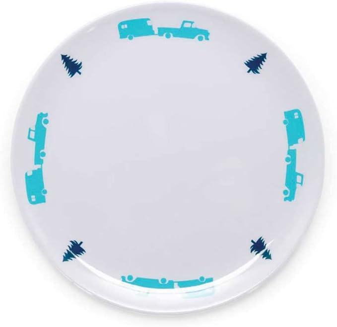 Camco Life is Better at The Campsite Small Salad Plate - White with Teal and Navy Retro RV, Trailer and Camper Print , Great for Salads and Deserts, BPA Free, Melamine (53226)