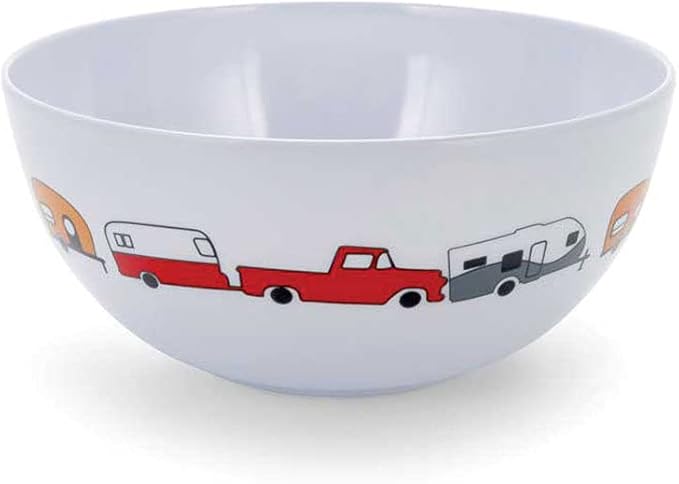 Camco Life is Better at The Campsite Bowl | White with Multicolor Retro RV, Trailer and Camper Print | (53222)