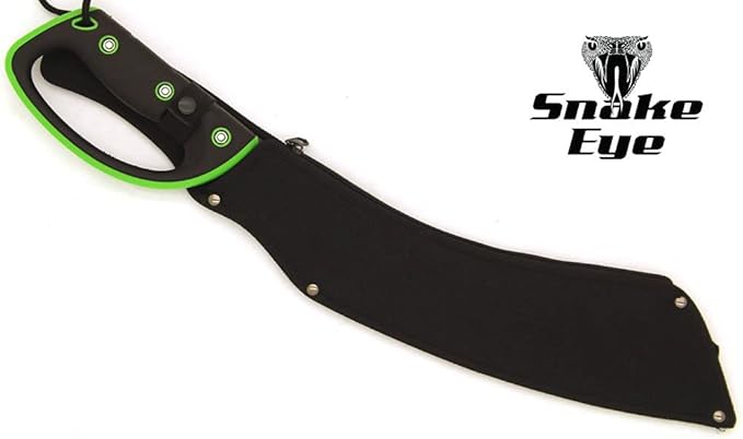Snake Eye Tactical Full-Tang Machete – Heavy Duty Fixed Blade Survival Tool with Reinforced Nylon Sheath for Camping, Hunting, and Bushcraft (Black & Green)