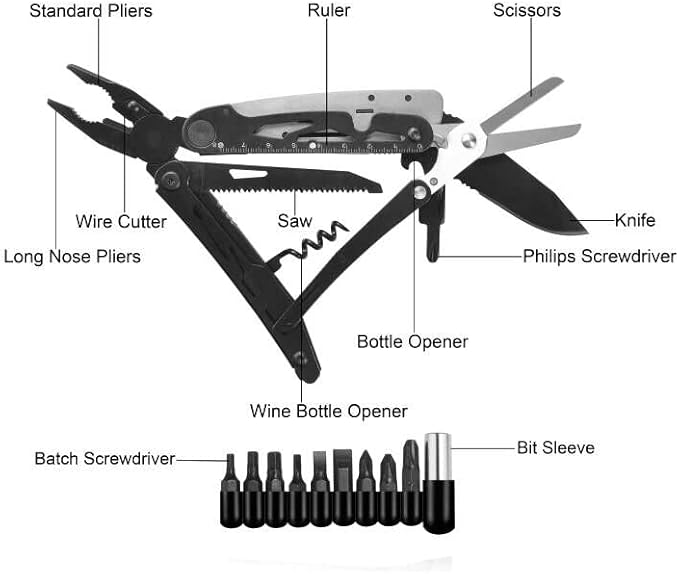 RoverTac 18-in-1 Multitool Pocket Knife with Pliers, Saw, Corkscrew & Detachable Scissors, Multi Tool with Safety Lock, 9 Screwdriver Bits, Camping Gear, Gifts for Men