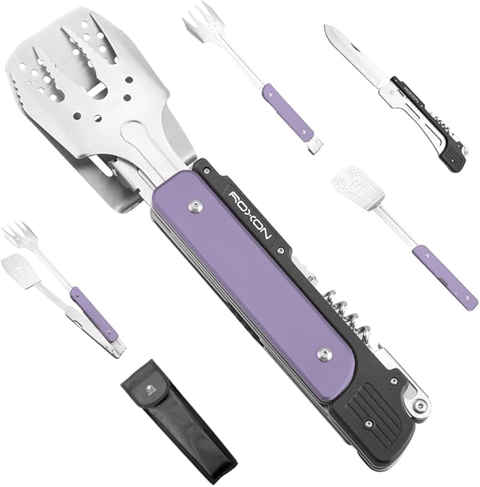 ROXON S601 14" 6 in 1 MBT3 Folding Grill Utensils Set Fork Spatula Grilling Knife Tongs Opener for Backyard Barbecue and Camping (Purple)