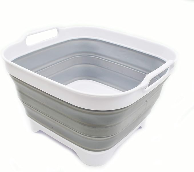 SAMMART 10L (2.64 gallon) Collapsible Dishpan with Draining Plug - Foldable Washing Basin - Portable Dish Washing Tub - Space Saving Kitchen Storage Tray (1, White/Grey)