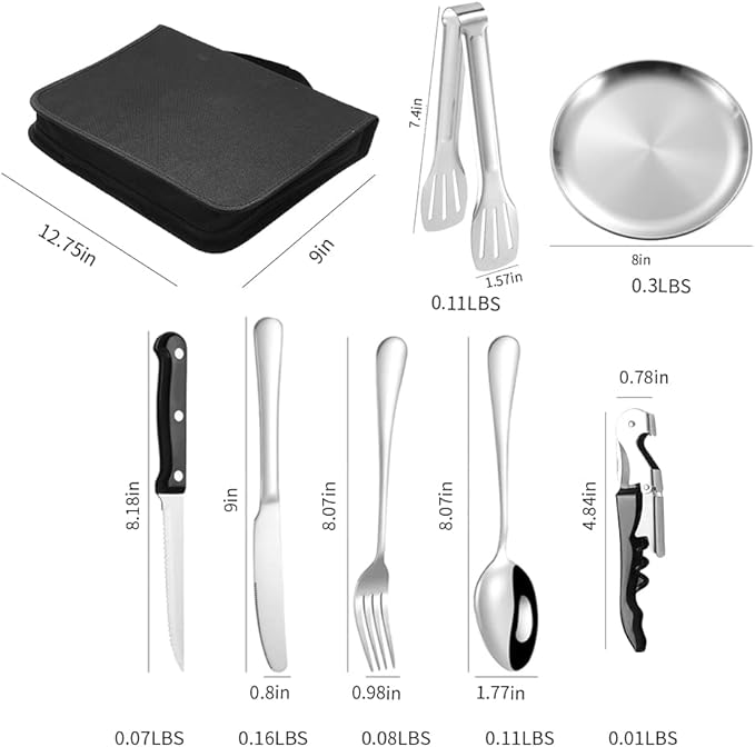 Camping Silverware Silver Picnic Plates and Utensils Set for 4 Portable Tableware Stainless Steel Dinnerware 20 Pieces With Organizer Bag Reusable Durable
