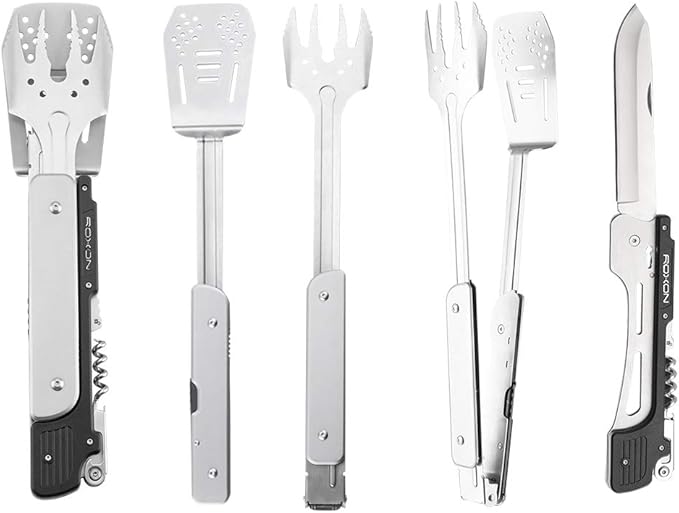ROXON S601 14" 6 in 1 MBT3 Folding Grill Utensils Set Fork Spatula Grilling Knife Tongs Opener for Backyard Barbecue and Camping