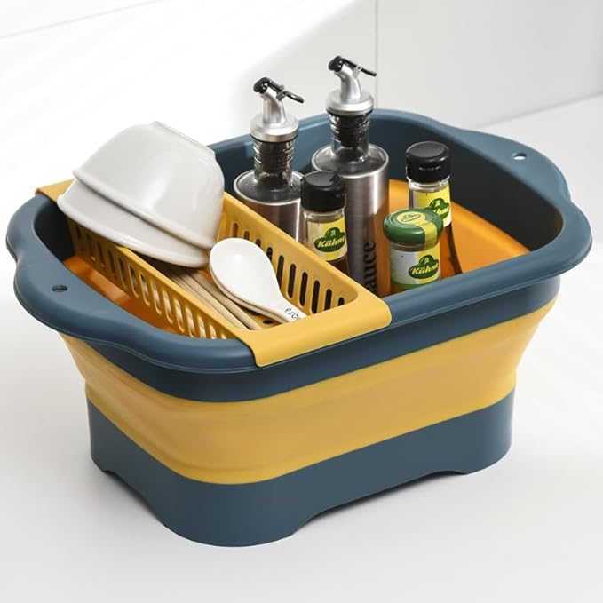 2.77 Gallon (10.5L) Collapsible Dish Basin with Drain Plug, Yellow Camping Dish Basin for RV, Space-Saving Foldable Wash Tub, BPA-Free Portable Sink for Vegetables and Dishes- with Brush