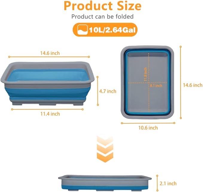 Goderewild Collapsible Dish Pans – 10L (2.6 Gal) Foldable Sink Tub, 14.5'' x 10.5'' x 5", Compact and Space-Saving Multiuse Foldable Basin for Dish Washing, Camping, RV and Vegetable Cleaning