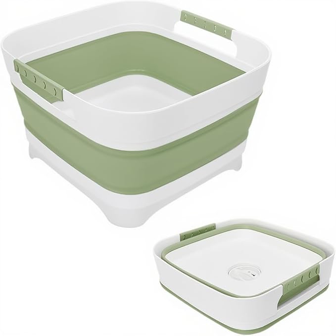 Collapsible Dish Basin with Drain Plug, 2.4 Gal 9L Foldable Wash Basin, Portable Sink Tub for Kitchen, Baby Bottles, Camping, RV, Vegetable Washing and Beverage Tub, Green