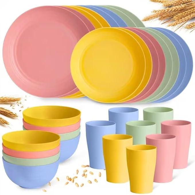 32 pcs Unbreakable Lightweight Wheat Straw Dinnerware Sets for 8, Reusable Kids Plates and Bowls Sets Non Toxic, Microwave and Dishwasher Safe Plastic Dishes Set, Camping RV Picnic Dishes